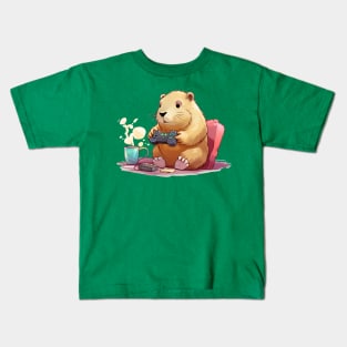 Kawaii Capybara play game in a room Kids T-Shirt